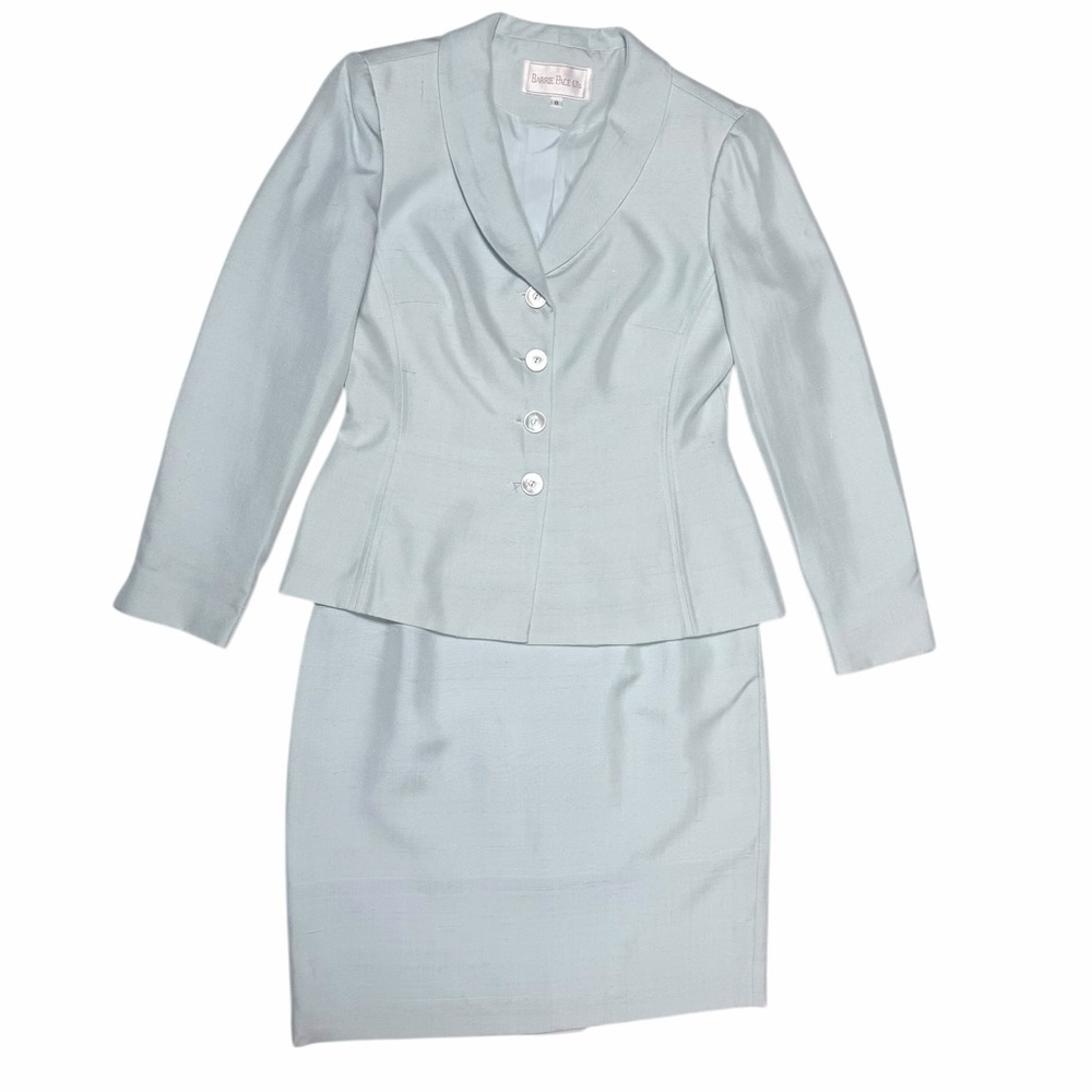 Vintage Barrie Pace Ltd 100% Silk Light Blue Pencil Skirt Suit Matching Blazer 8